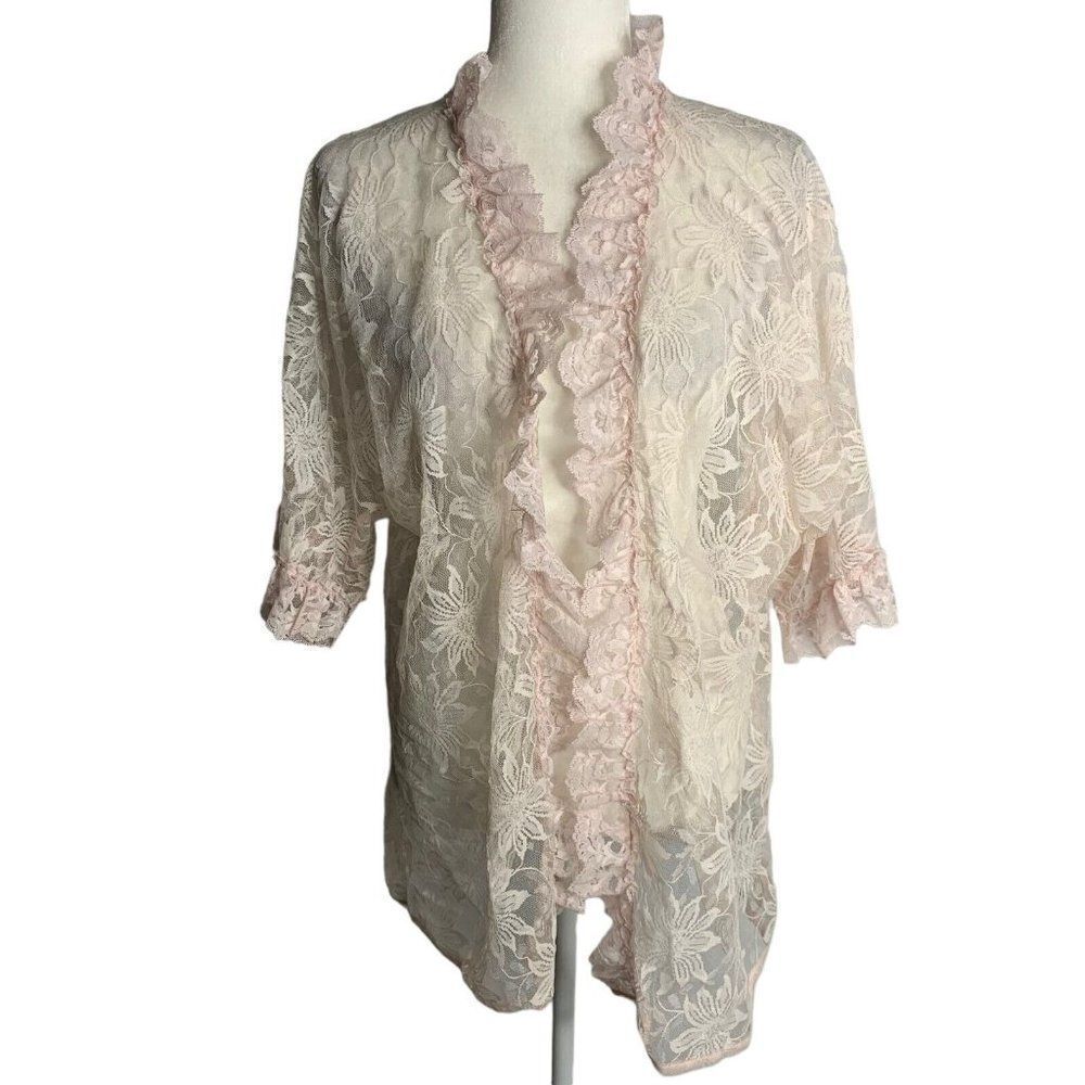 Vintage Floras Follies Lace Robe Bed Jacket S Pink Floral Open Front Ruffles
